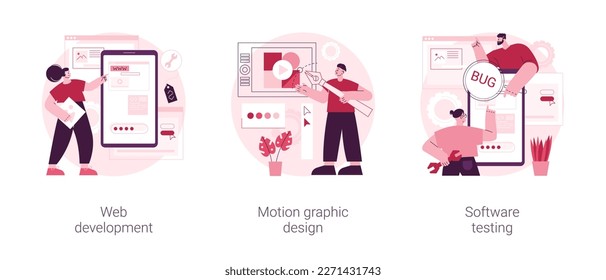 IT company service abstract concept vector illustration set. Web development, motion graphic design, software testing, application coding, UI and UX design, QA team, bug fixing abstract metaphor.