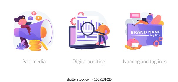 Company services icons set. Marketing platform, online documentation inspection, corporate identity development. Paid media, digital auditing metaphors. Vector isolated concept metaphor illustrations