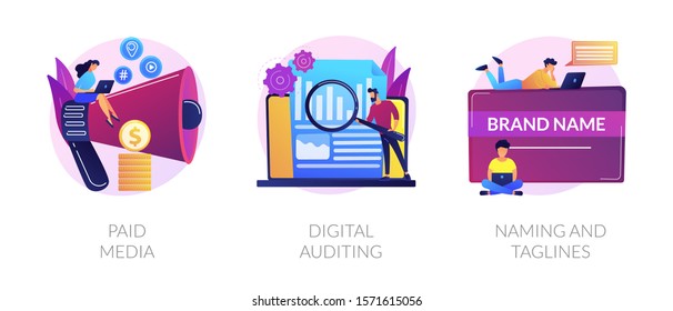 Company services icons set. Marketing platform, online documentation inspection, corporate identity development. Paid media, digital auditing metaphors. Vector isolated concept metaphor illustrations