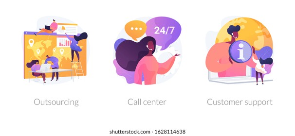 Company services and organizational management. Corporate helpline, client assistance. Outsourcing, call center, customer support metaphors. Vector isolated concept metaphor illustrations.