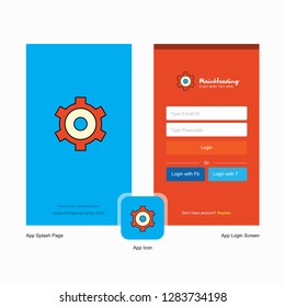 Company Setting gear  Splash Screen and Login Page design with Logo template. Mobile Online Business Template