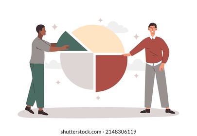 Company shareholder concept. Two men against background of graph, take apart pieces. Business investment, passive income and financial literacy, board of directors. Cartoon flat vector illustration