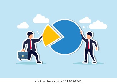 Company shareholder, investor or owner who hold percentage or company share assets, market distribution concept, businessman people holding part of pie chart metaphor of holding stock share.