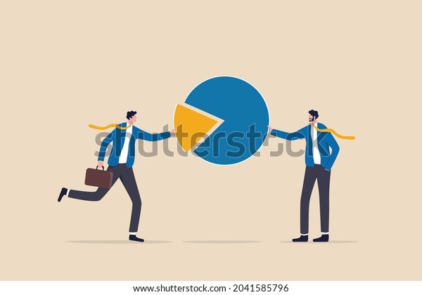 Company shareholder, investor or owner who hold\
percentage or company share assets, market distribution concept,\
businessman people holding part of pie chart metaphor of holding\
stock share.