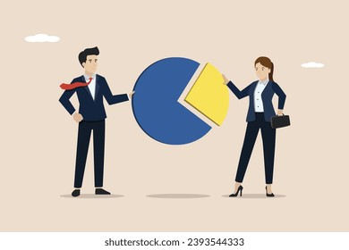 Company shareholders, investors or company stock assets, business people holding part of a pie chart metaphor holding shares. Illustration of a successful businessman.