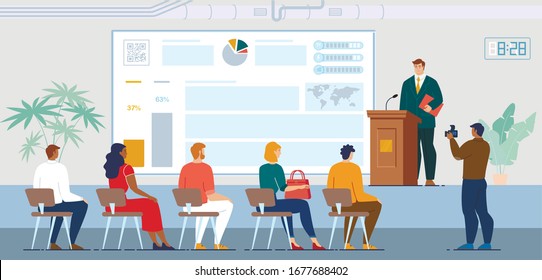 Company Shareholders Report, Business Meeting with Investors, Seminar or Courses for Employees Concept. Businessman Public Speech for Audience, Project Presentation Trendy Flat Vector Illustration