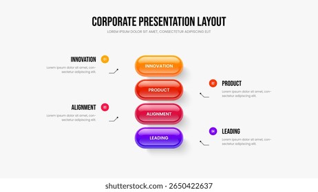 Company Showcase Four Element Infographic Slide Template. Marketing Proposal 4 Option Diagram Presentation Layout. Professional Report Frame Design Vector Illustration.