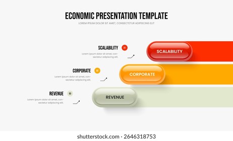 Company Showcase Slide Design Vector Illustration. Business Profile Three Element Diagram Slideshow Template. Creative Briefing 3 Step Infographic Presentation Layout.