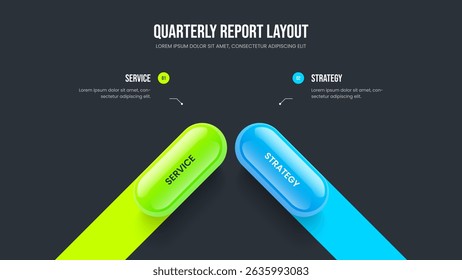 Company Showcase Slide Template Vector Illustration. Project Insight Two Step Diagram Frame Layout. Marketing Launch 2 Element Infographic Slideshow Design.
