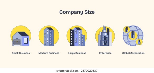 Company size icons depict growth from small to global. Key objects, briefcase, buildings, globe. Neubrutalism style.