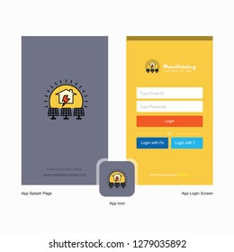 Company Solar panel Splash Screen and Login Page design with Logo template. Mobile Online Business Template