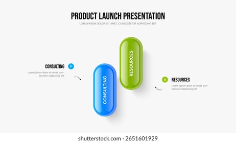 Company Solution 2 Option Infographic Slide Layout. Professional Plan Frame Template Vector Illustration. Advertising Review Two Step Diagram Slideshow Design.