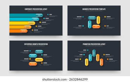 Company Solution 5 4 4 5 Step Infographic Presentation Design Collection. Marketing Visualization Five Four Four Five Element Diagram Frame Layout Vector Illustration Set.