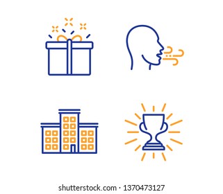 Company, Special Offer And Breathing Exercise Icons Simple Set. Trophy Sign. Building, Delivery Box, Breath. Winner Cup. Business Set. Linear Company Icon. Colorful Design Set. Vector