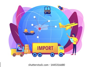 Company specializing in foreign products. Import of goods and services, import goods services, international sales process concept. Bright vibrant violet vector isolated illustration