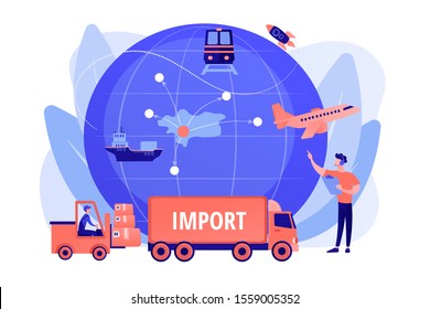 Company specializing in foreign products. Import of goods and services, import goods services, international sales process concept. Pinkish coral bluevector isolated illustration