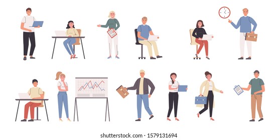 Company staff, businessmen and businesswomen flat vector illustrations set. Time management, workflow optimization. People at workplace cartoon characters bundle isolated on white background.