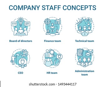 Company staff concept icons set. Corporate personnel, workforce idea thin line illustrations. CEO & board of directors. Human resources management. Vector isolated outline drawings. Editable stroke