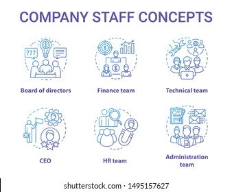 Company staff concept icons set. Corporate personnel, workforce idea thin line illustrations. CEO & board of directors. Human resources management. Vector isolated outline drawings