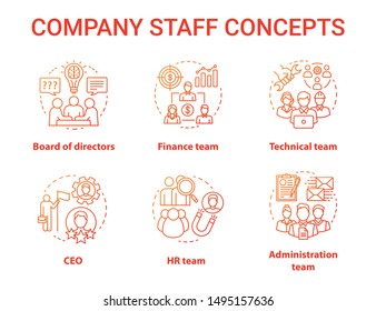 Company staff concept icons set. Corporate personnel, workforce idea thin line illustrations. CEO & board of directors. Human resources management. Vector isolated outline drawings