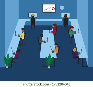 Company staff, co-workers male and female cartoon characters. Comfortable workplace. vector flat illustration