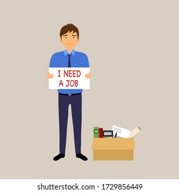 A company staff holding white poster with text- I need a job. Unemployment concept vector illustration. Financial and economic crisis. Covid-19 coronavirus impact on unemployment rate.