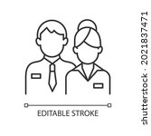 Company staff linear icon. Man and woman in uniform. Official business representatives. Thin line customizable illustration. Contour symbol. Vector isolated outline drawing. Editable stroke