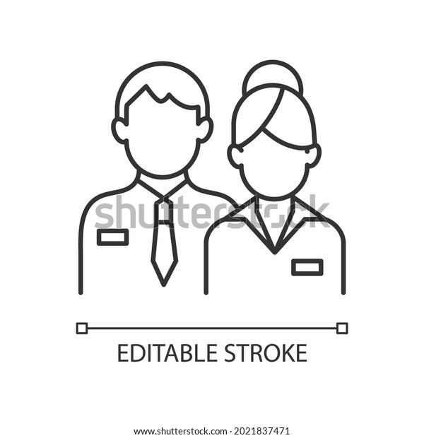 Company staff linear icon. Man and woman in
uniform. Official business representatives. Thin line customizable
illustration. Contour symbol. Vector isolated outline drawing.
Editable stroke
