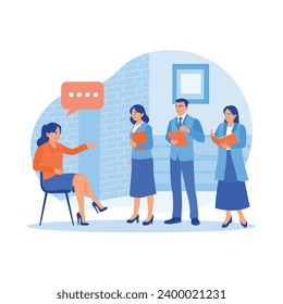 Company staff listen to and take notes from company leaders' briefings. Plan work and discuss collaborative projects during meetings. Briefings concept. trend modern vector flat illustration