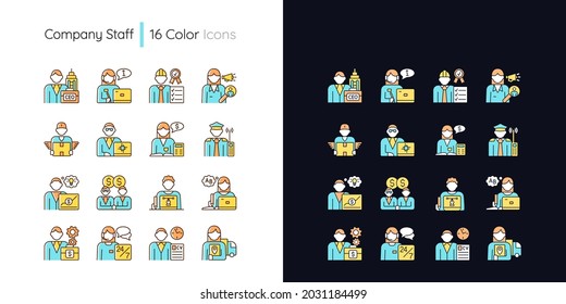 Company staff related light and dark theme RGB color icons set. Chief executive officer. Company workers team. Isolated vector illustrations on white and black space. Simple filled line drawings pack