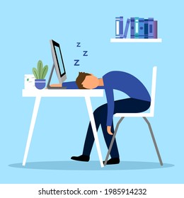 Personal de la empresa durmiendo en el trabajo de diseño plano. Empleado cansado con exceso de trabajo durmiendo en la oficina. Burnout de hombres de negocios.