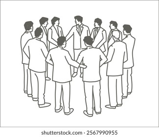 Company staff, standing together. Hand drawn vector illustration. Black and white.