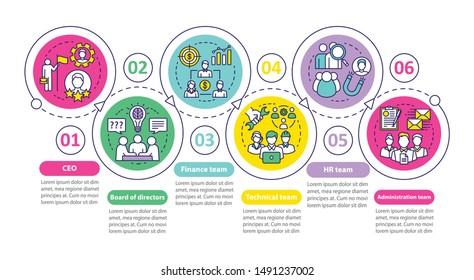 Company staff vector infographic template. CEO, board of directors. Business presentation design elements. Data visualization with six steps. Process timeline chart. Workflow layout with linear icons