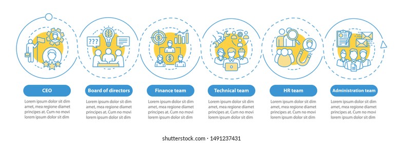 Company staff vector infographic template. CEO, board of directors. Corporate team. Business presentation design elements. Data visualization with six steps. Process timeline chart. Workflow layout