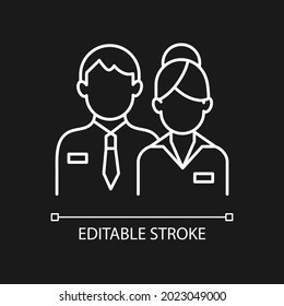 Company staff white linear icon for dark theme. Man and woman in uniform. Business representatives. Thin line customizable illustration. Isolated vector contour symbol for night mode. Editable stroke