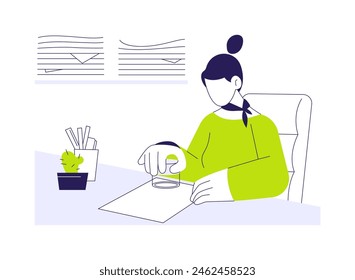 Ilustración vectorial abstracta del concepto del sello de la compañía. Secretario pone un sello de la compañía en el contrato, documentos legales de negocios, documentación de la compañía, metáfora abstracta de papeleo corporativo.