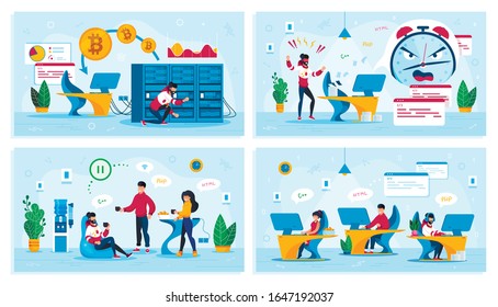 IT Company, Startup Office Life, Cryptocurrency Trading Trendy Flat Vector Concepts Set. Man Servicing Mining Farm, Stressed Programmer, Coworkers on Lunch, Developers Working in Office Illustration