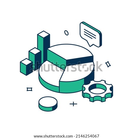 Company statistic development strategy analyzing chart report marketing optimization 3d icon isometric vector illustration. Management information research analytics process with graphic gear
