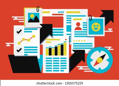 Company stats report abstract vector illustration. Staff CV analysis, applicants ratings collage