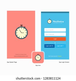 Company Stop watch Splash Screen and Login Page design with Logo template. Mobile Online Business Template