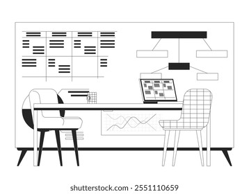 Company strategic planning presentation board table linear illustration. Data table, block diagram, stats charts. Laptop desk chairs 2D line scene isolated on white. Monochrome vector outline image