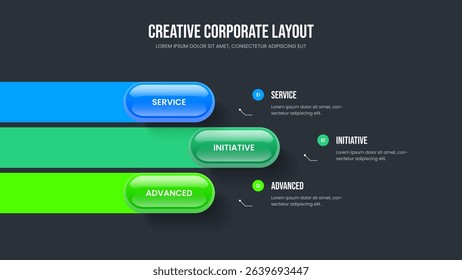 Company Strategy 3 Option Diagram Slide Design. Market Growth Three Step Infographic Frame Template. Project Report Slideshow Layout Vector Illustration.