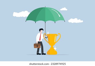 Company strategy or action to protect success, business protection to maintain market position, victory defense concept, Businessman spreading umbrella to cover trophy. 
