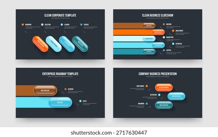 Estrategia de la empresa Cuatro Cinco Dos Tres Opciones Infografía Presentación de diapositivas Plantilla Ilustración vectorial Colección. Rendimiento visual 4 5 2 3 Paquete de diseño de diapositivas de diagrama de elementos.