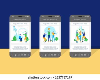 Plantilla de pantalla de smartphone móvil de la estrategia de la empresa. Motivación de los empleados, páginas web de éxito empresarial. Gente trabajando juntos para lograr objetivos de ilustración vectorial plana