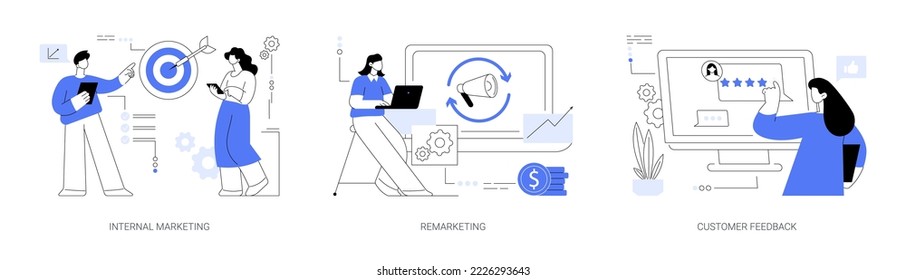 Company strategy and promotion abstract concept vector illustration set. Internal marketing, remarketing and customer feedback, employee engagement, targeted online advertising abstract metaphor.