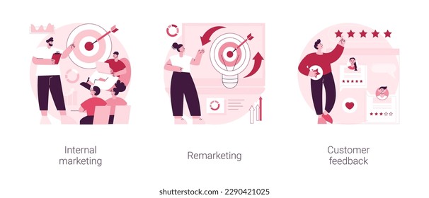 Company strategy and promotion abstract concept vector illustration set. Internal marketing, remarketing and customer feedback, employee engagement, targeted online advertising abstract metaphor.