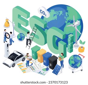 Company with strong esg initiatives isometric concept with electric car sorted garbage people with equal rights vector illustration