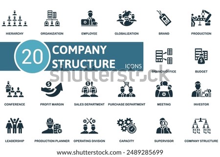 Company Structure icon set. Hierarchy, Organization, Employee, Globalization, Brand, Production, Branch Office, Budget, Conference, Profit Margin icons and more