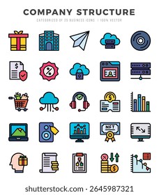 Pacote de ícones da estrutura da empresa. Ícones de estilo de Cor Linear. Ilustração vetorial.